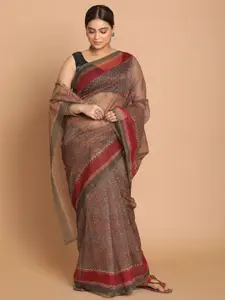 Indethnic Olive Green & Red Paisley Supernet Saree