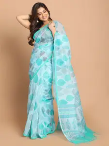 Indethnic Blue & Grey Floral Supernet Saree