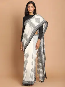 Indethnic Black & White Printed Pure Cotton Saree