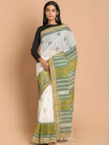 Indethnic White & Green Dabu Printed Net Saree
