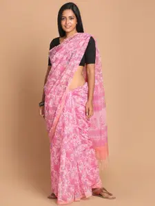 Indethnic Pink & Orange Floral Supernet Saree