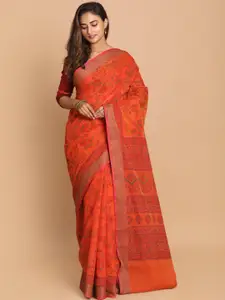 Indethnic Rust & Green Floral Printed Saree