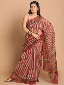 Indethnic Maroon & Beige Striped Saree