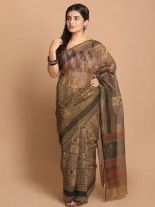 Indethnic Gold-Coloured & Black Ethnic Motifs Supernet Saree