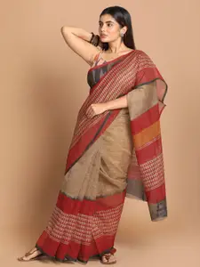 Indethnic Maroon & Beige Striped Supernet Saree