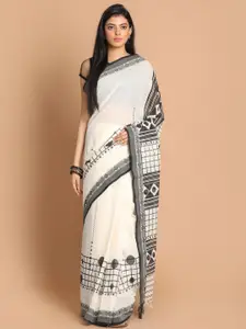 Indethnic White & Black Printed Pure Cotton Saree