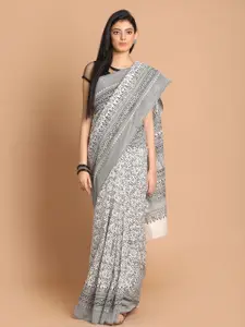 Indethnic White & Grey Ethnic Motifs Net Saree
