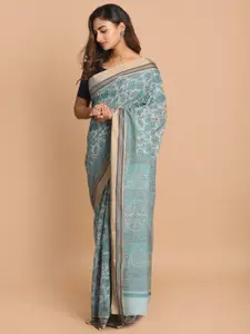 Indethnic Blue & Grey Floral Printed Saree