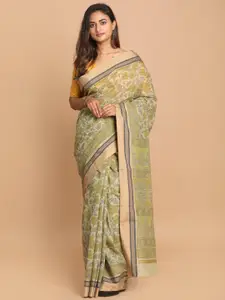 Indethnic Olive Green & Yellow Floral Saree