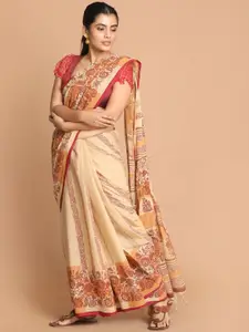 Indethnic Cream-Coloured & Maroon Kalamkari Pure Cotton Saree