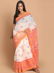 Indethnic Orange & White Dabu Net Saree