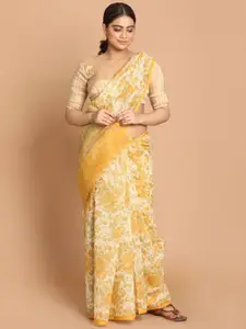 Indethnic Yellow & White Floral Printed Saree
