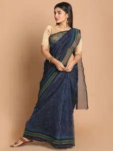 Indethnic Blue & Black Floral Supernet Saree