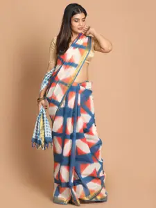 Indethnic Blue & Orange Tie and Dye Pure Cotton Saree