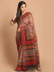Indethnic Maroon & Black Floral Printed Supernet Saree