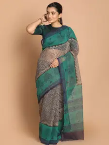 Indethnic Green & Blue Printed Supernet Saree