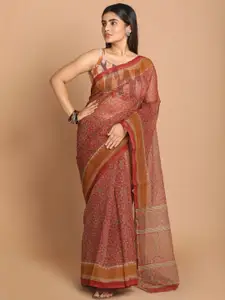 Indethnic Maroon & Tan Floral Printed Saree