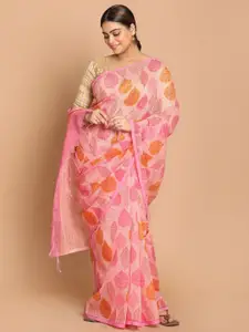 Indethnic Pink & Orange Floral Printed Saree