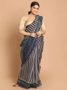 Indethnic Navy Blue & Beige Striped Supernet Saree