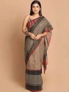 Indethnic Black & Maroon Striped Supernet Saree