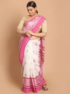 Indethnic Pink & White Printed Net Saree