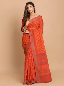Indethnic Rust & Red Floral Printed Saree