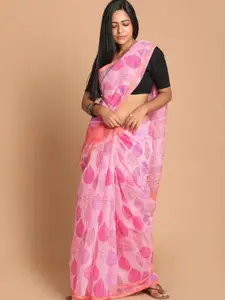 Indethnic Pink Floral Supernet Saree