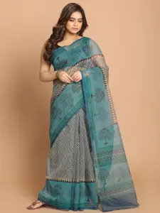 Indethnic Sea Green & Beige Ethnic Motifs Supernet Saree