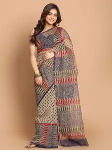 Indethnic Navy Blue & Beige Printed Saree