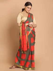 Indethnic Grey & Orange Checked Zari Pure Cotton Saree