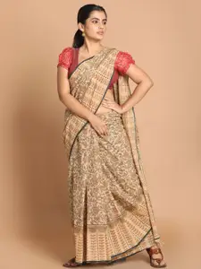 Indethnic Cream-Coloured & Black Kalamkari Pure Cotton Saree