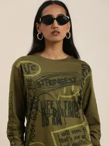 Difference of Opinion Women Olive Green Typography Printed Oversized T-shirt