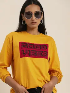 Difference of Opinion Women Mustard Yellow Typography Printed Loose T-shirt