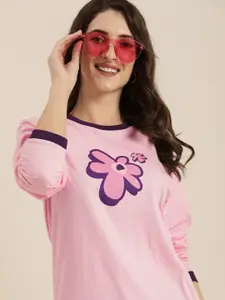 Difference of Opinion Women Pink Floral Printed Pure Cotton Oversized T-Shirt