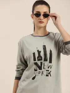 DILLINGER Women Grey Typography Printed Drop-Shoulder Sleeves Cotton OversizedT-shirt
