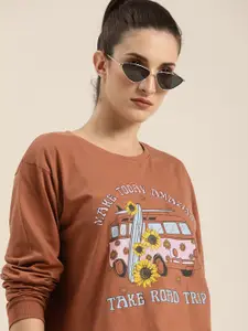 DILLINGER Women Brown Typography Printed Drop-Shoulder Sleeves Cotton Boxy T-shirt