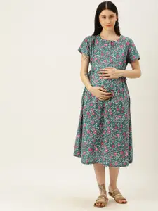Nejo Teal Green Floral Print Maternity Cotton A-Line Midi Dress