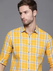 WROGN Men Mustard Yellow Tartan Checked Slim Fit Pure Cotton Casual Shirt