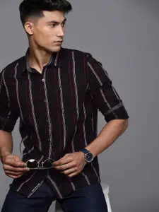 WROGN Men Black & White Slim Fit Striped Casual Shirt