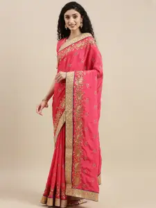 SERONA FABRICS Pink & Gold-Toned Ethnic Motifs Zari Pure Chiffon Saree