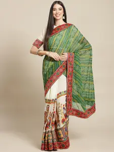 SERONA FABRICS Cream-Coloured & Green Bandhani Kutchi Embroidery Pure Georgette Bandhani Saree
