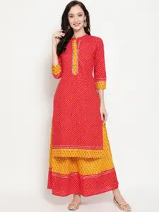 antaran Women Red & Yellow Bandhani Printed Regular Pure Cotton Kurta with Skirt