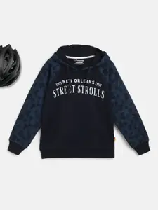 Lil Tomatoes Boys Navy Blue Printed Hooded Pure Cotton Sweatshirt