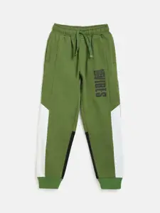 Lil Tomatoes Boys Olive-Green & White Colourblocked Pure Cotton Joggers