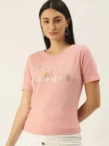 SHECZZAR Women Pink Typography Printed T-shirt