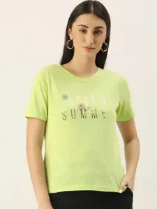SHECZZAR Women Green Typography Printed T-shirt