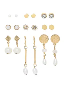 BELLEZIYA Pack of 9 Gold-Toned Contemporary Stud Earrings