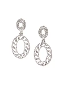 BELLEZIYA Silver-Toned Artificial Stone Studded Oval Drop Earrings