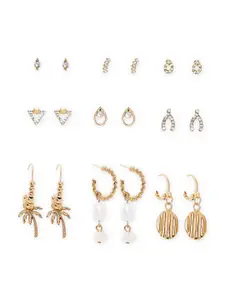 BELLEZIYA Set Of 9 Gold-Toned Contemporary Studs & Drop Earrings