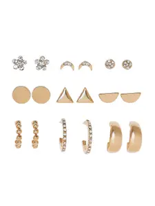 BELLEZIYA Pack of 9 Gold-Toned Contemporary Studs Earrings
